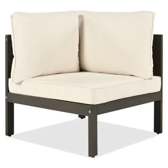 FIONECA 4-Piece Outdoor Acacia Wood Sofa Set, L-Shaped Patio Sectional with Coffee Table, Woven Armrests, Beige Cushions image {11}