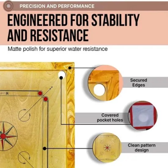 Amber Sports Carrom Board 32x32" &ndash; Mango wood frame, sealed pockets, smooth surface, striker, coins & Bori powder. Water-resistant matte finish. image {6}