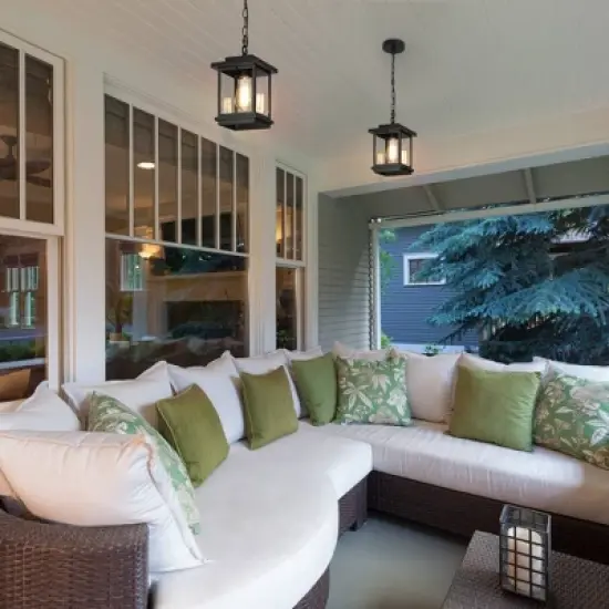 LNC 8" Square Cage Modern Outdoor Pendant Lamp Matte Black: Weather-Resistant, Glass Shade, E26 image {1}