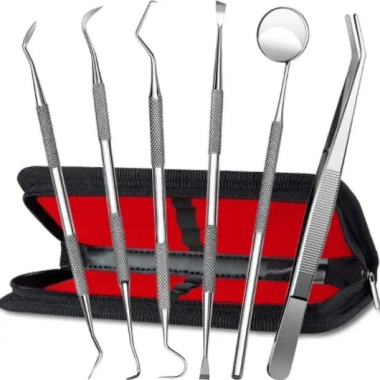 YEVYO 6 Pcs Teeth Picking Tools Teeth Cleaning Kit - Dental Tools with Dental Pick, Tartar Scraper, Plaque Remover, Mirror, Tweezers for Home Use image {6}