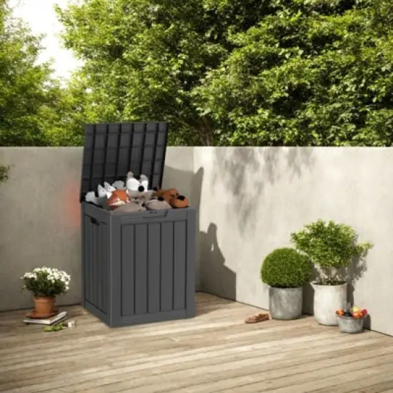 DSVIMOY Deck Boxes, 4-Piece 28 Gal Outdoor Storage Deck Box, Small Patio Storage Bin for Garden Tools, Black, 18.11"*16.93"*23.03" image {1}