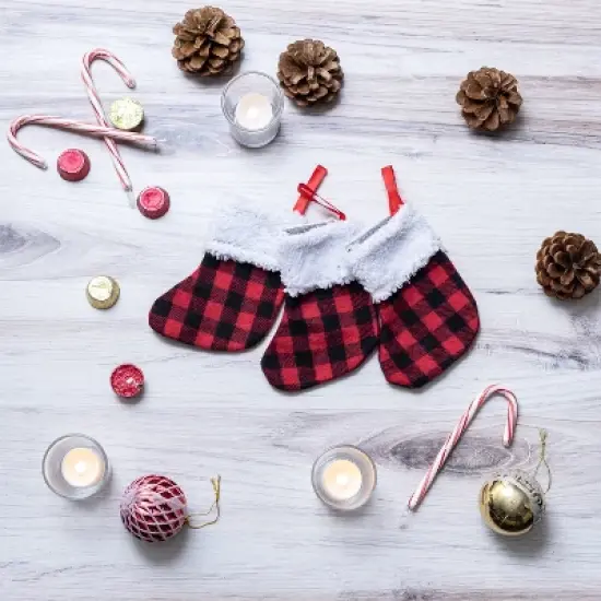 Joyfy 12 Pcs Mini Christmas Stocking, 5" Red Black Plaid Xmas Stockings for Christmas Tree Decoration Xmas Holiday Decor Party Favors image {2}
