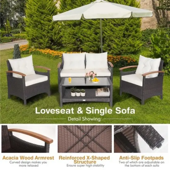 Costway 4PCS Patio Rattan Furniture Set Cushioned Sofa Storage Table Off image {8}