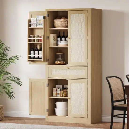 70" Tall Kitchen Pantry Cabinet, Handwoven Rattan Doors, Adjustable Shelves, 1 Drawer, Storage Cupboard, Oak Finish image {2}