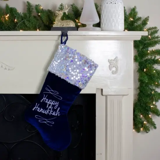 Northlight 19" Navy Blue and Silver Embroidered Happy  Stocking with Sequin Cuff image {1}