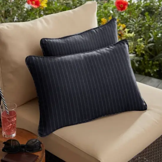 2pk Rectangle Sunbrella Corded Outdoor Throw Pillows Indigo Blue image {1}