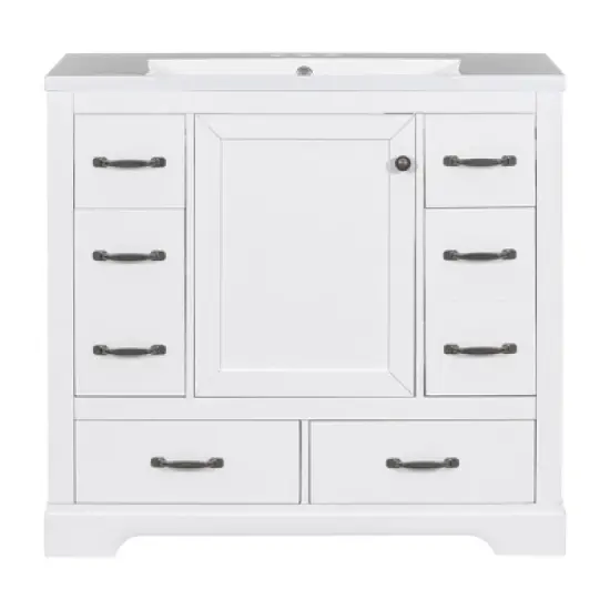 36" Bathroom Vanity with Ceramic Sink, 6 Drawers and Adjustable Shelves, White - ModernLuxe image {5}