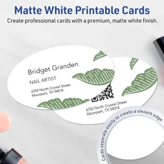 Avery Printable Oval Business Cards, Sure Feed Technology, 2" x 3-1/2", Matte White Cardstock, Print-to-The-Edge, Laser/Inkjet Printable, 80 Total image {2}