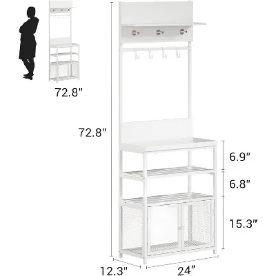Acekool Hall Tree with Doors, 72.8in Narrow Coat Rack & Shoe Storage, Entryway Organizer with 7 Hooks, Shelves & Mesh Cabinet, White image {5}