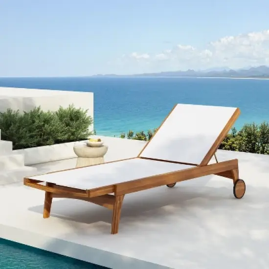 Christopher Knight Home Coloma Outdoor Mesh and Acacia Wood Armless Adjustable Chaise Lounge with Wheels image {1}