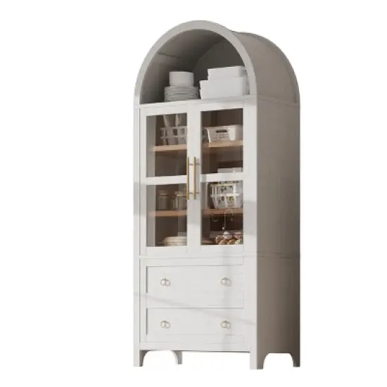 Gulches Modern Farmhouse Arched Kitchen Pantry Cabinet - 2 Large Drawers, Adjustable Shelves, Glass Door, Wood, White, 30"W x15.75"D x71"H image {10}