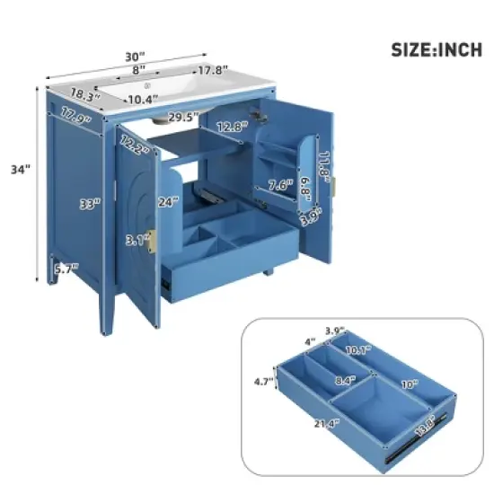 ModernLuxe 30'' Blue Bathroom Vanity with Sink, 2 Soft Close Doors, Hidden Drawer & Adjustable Shelf, Freestanding Storage Cabinet image {2}