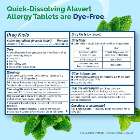 Alavert Allergy Relief Non-Drowsy Orally Disintegrating Tablets Fresh Mint, 60 Ct image {1}