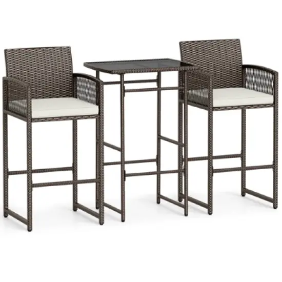 Costway 3 PCS Patio Bar Set Wicker Table & Armchairs with  2 Cushions & Glass Tabletop image {9}