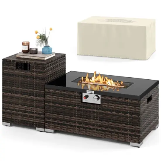Costway 2 PCS Outdoor Rattan Fire Table Set with Tank Cover Tempered Glass Tabletop Brown/Black/Gray image {11}
