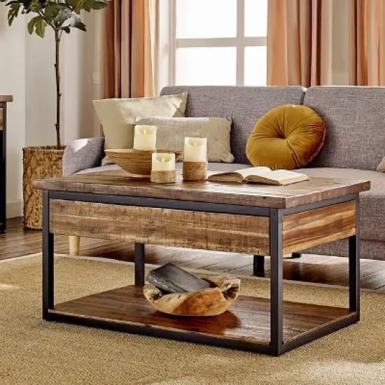 Claremont Rustic Wood Coffee Table with Low Shelf Dark Brown - Alaterre Furniture: Steel Frame, Acacia Surface image {1}