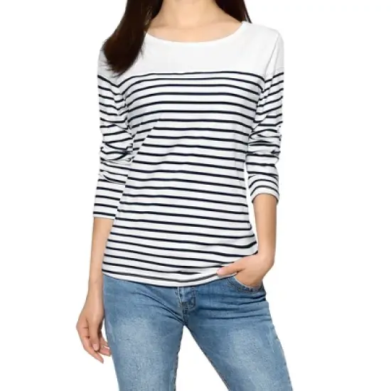 Allegra K Women's Color Block Long Sleeve Striped T-Shirt image {6}