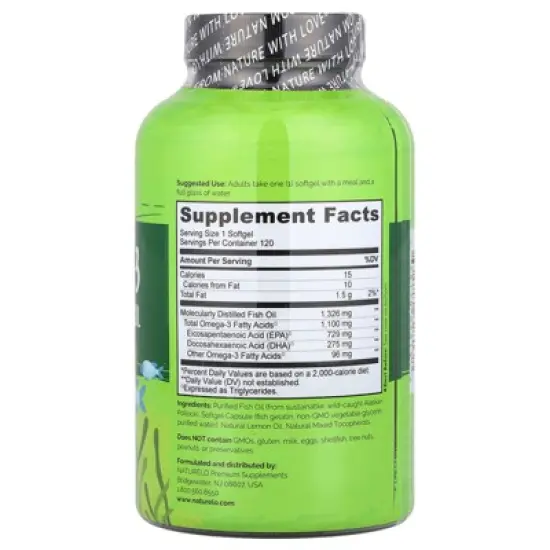 NATURELO Omega-3 Triglyceride Fish Oil, 1,100 mg, 120 Softgels image {1}
