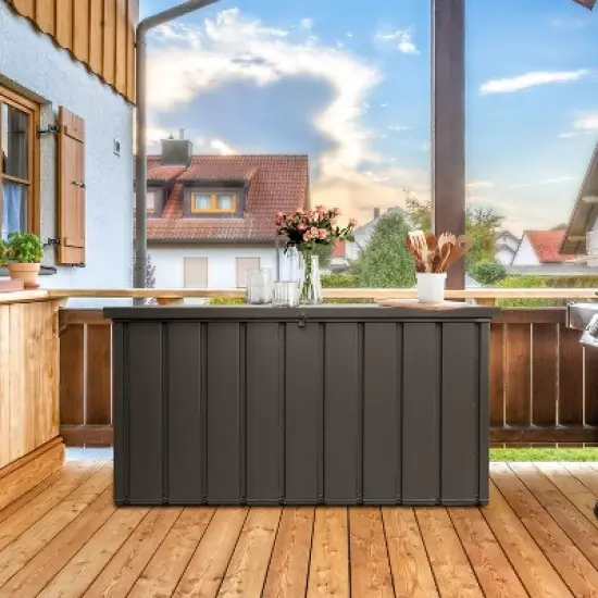 110-gallon lockable resin deck box, waterproof outdoor storage box, suitable for patio furniture,pool accessories, Brown, Blow molded image {1}