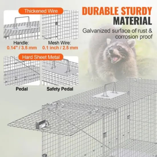 VEVOR Live Animal Cage Trap, 42" x 16" x 18" Humane Cat Trap Galvanized Iron, Folding Animal Trap with Handle for Stray Dogs, Armadillos, Raccoons image {4}