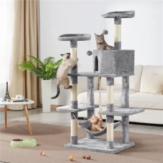 Yaheetech 59"H 4-Level Plush Cat Tree with Condos - Light Gray image {1}