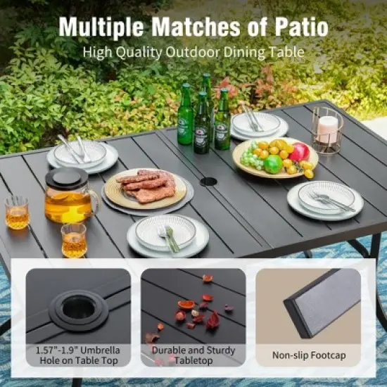 Captiva Designs 8pc Patio Dining Set with Rectangular Table & Armrest Rattan Chairs & Market Umbrella image {2}