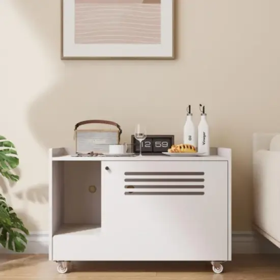 TiramisuBest White Hidden Cat Litter Box Enclosure with Top/Side Fence, Wooden Pet House Side Table for Living Room/Bedroom, Fits Most Litter Boxes image {12}