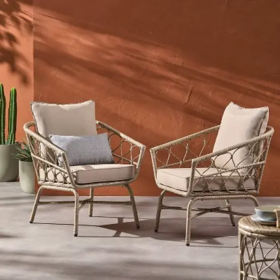 2pk Bruce Outdoor Iron/Rattan Club Chairs with Cushions Brown/Beige - Christopher Knight Home image {2}