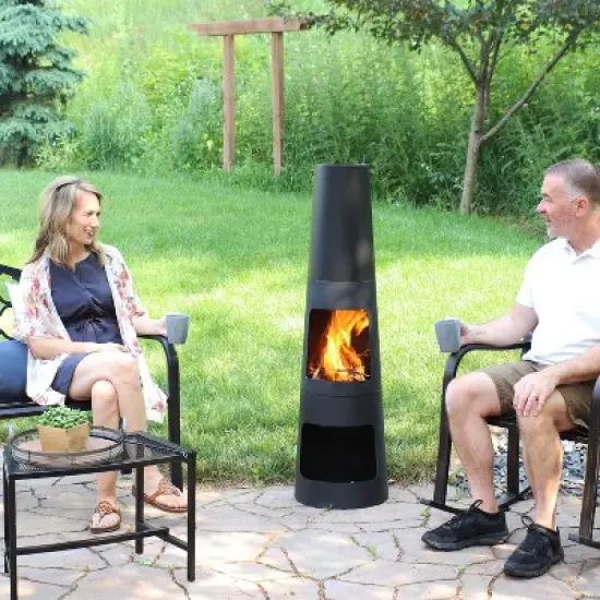 Sunnydaze Outdoor Backyard Heavy-Duty Steel Modern Wood-Burning Fire Pit Chiminea with Built-In Log Storage - 49" - Black image {5}