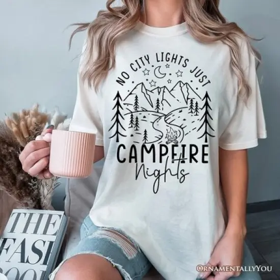No City Lights Just Campfire Nights T-Shirt, White and Natural Camping Tee for Stargazing Campers| OrnamentallyYou image {3}
