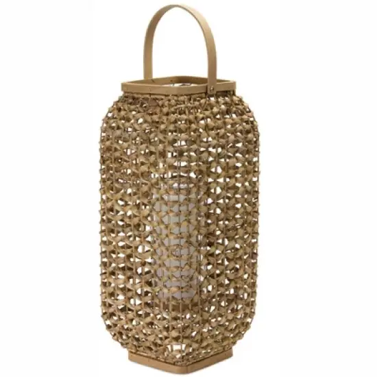 HomeRoots 20" Natural Distressed Woven Glass And Wicker Floor Lantern Candle Holder image {5}
