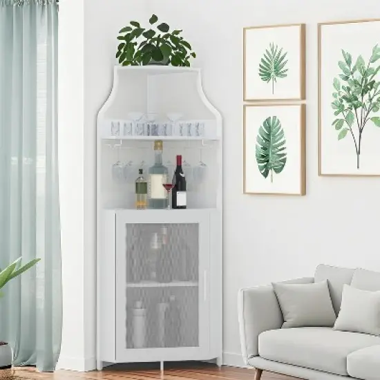 CuisinSmart Corner Wine Bar Cabinet with Detachable Wine Rack, Bar Cabinet with Glass Holder, Small Sideboard and Buffet Cabinet with Mesh Door image {11}