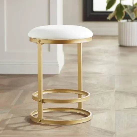55 Downing Street Gold Bar Stool 26" High Modern White Fabric Cushion with Footrest for Kitchen Counter Height Island Home House image {1}