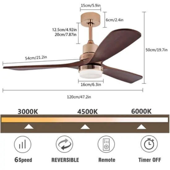 YIYIBYUS 47in LED Indoor Reversible 6 Speeds Smart Timing Ceiling Fan, Brown image {2}