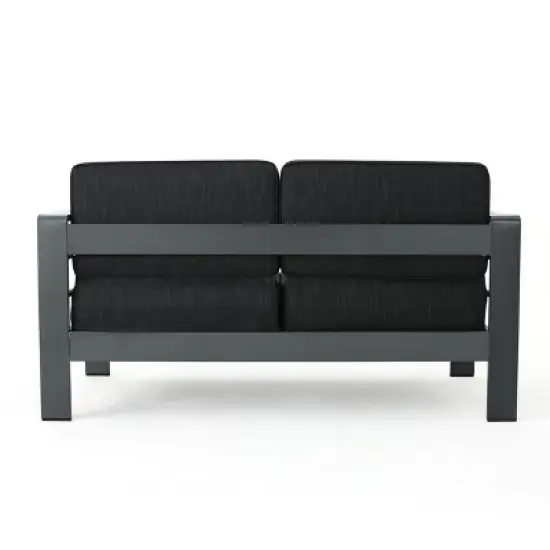 GDFStudio Liam Outdoor Aluminum Loveseat and Coffee Table Set with Cushions, Gray/Dark Gray image {4}