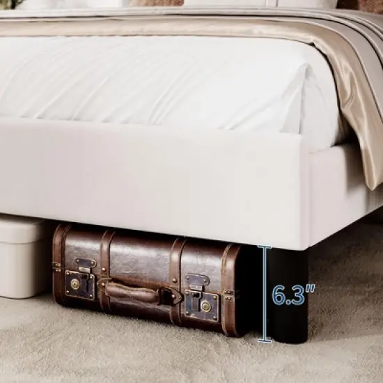 Bed Frame with Wingback Headboard - Vertical Channel Tufted Upholstered Platform, Noise-Free Reinforced Wood Slats, No Box Spring Needed, White image {6}