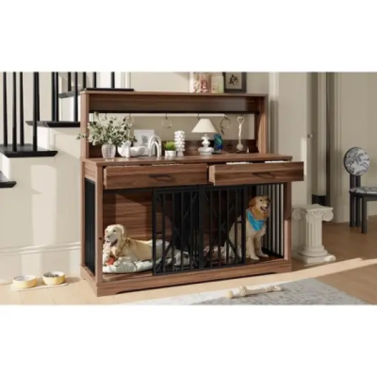 Dog Crate Furniture for Large or 2 Medium Dogs, Heavy Duty Dog Cage Table with 2 Storage Drawers and Shelves,for 2 Dogs with Divider Locks image {13}