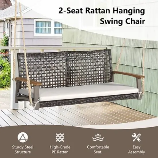 Tangkula 2-Seat Rattan Porch Swing Chair Outdoor Wicker Swing Bench W/ Seat Cushion image {3}