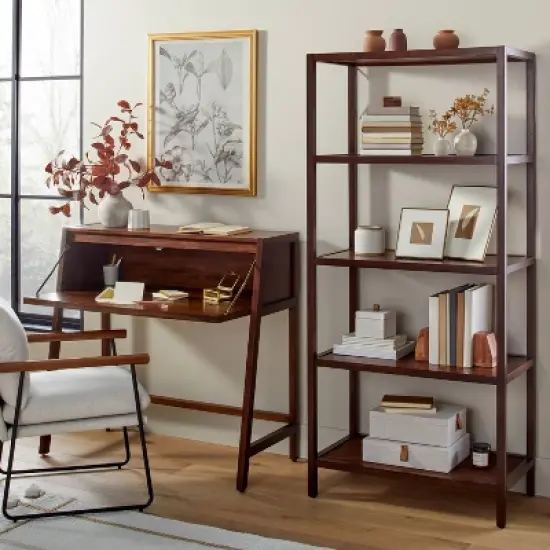 70" 5-Shelf Wood & Cane Transitional Vertical Bookshelf - Brown - Hearth & Hand&trade; with Magnolia image {1}