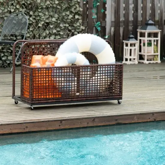 Outsunny Wheeled Patio Wicker Pool Float Storage, Pool Caddy w/ Compartment & Basket image {1}