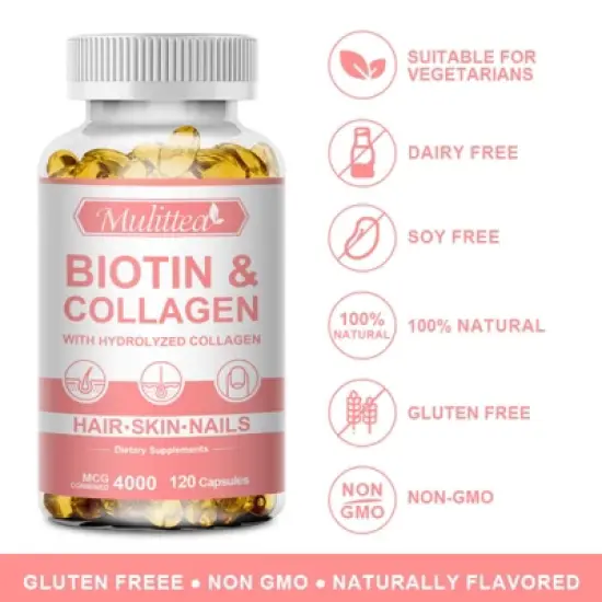 Mulittea Biotin with Collagen Supplement&ndash; Support Strong Nails, Shiny Hair & Glowing Skin &ndash; 120 Vegan Capsules image {2}