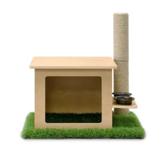 On2Pets Cat House with Scratching Post & Feeder Station - Beige image {2}