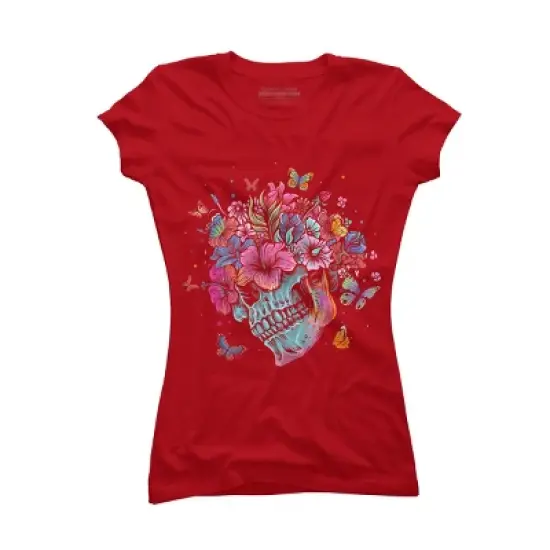 Junior's Design By Humans Floral Butterfly Skull Funny Halloween Costume Hippie Flower By JeilJersey T-Shirt image {6}