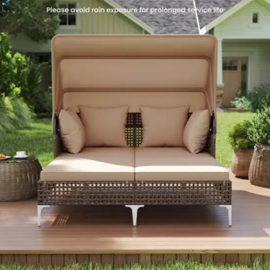 Costway Outdoor Rattan Double Daybed with  Retractable Canopy & Seat Back Cushions image {3}