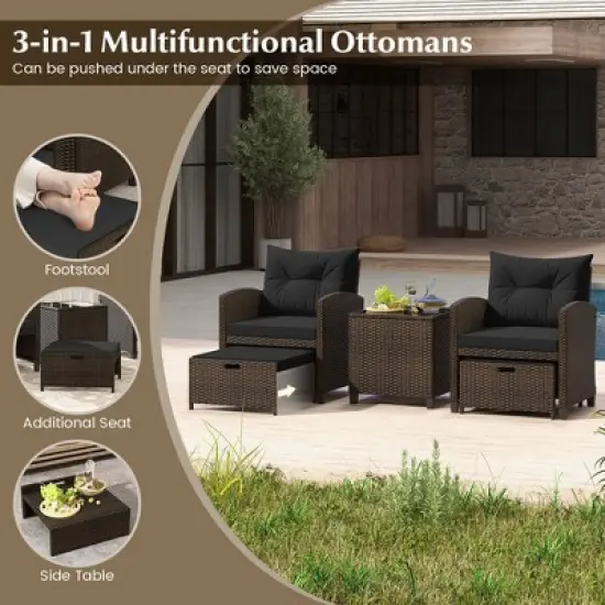 Costway 5 Piece Patio Rattan Furniture with 2 Ottomans & Tempered Glass Coffee Table Black/Off White/Navy/Red/Gray image {7}