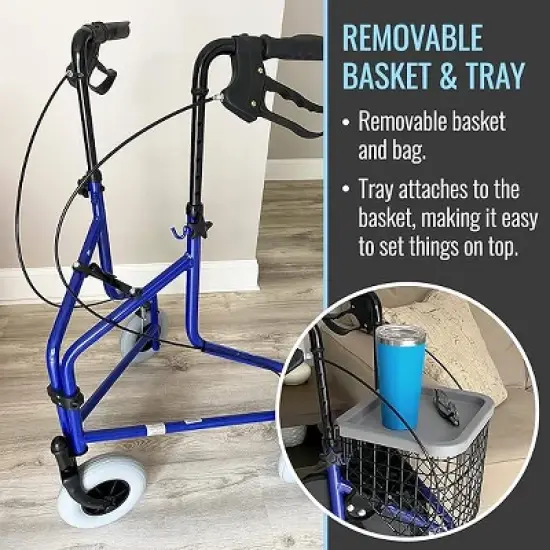 DMI Folding Rollator Walker with Swiveling Front Wheels, FSA HSA Eligible, 3 Wheel, Aluminum Light-Weight, Detachable Storage Tray, Royal Blue image {3}