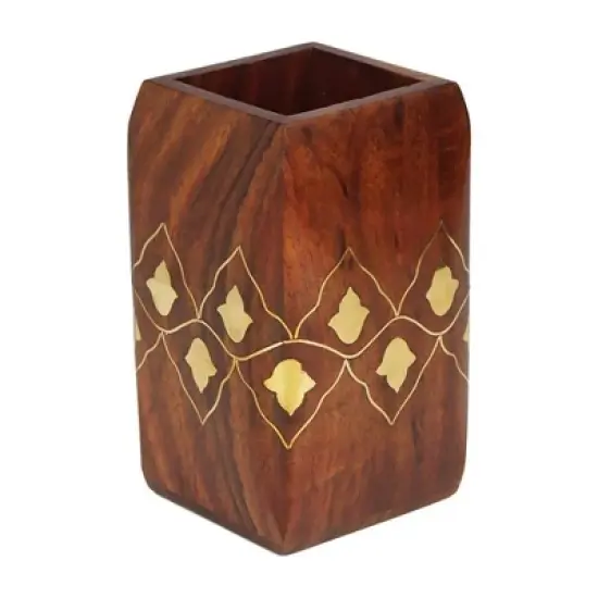 Store Indya Wooden Pen Pencil Office Stationary Holder Stand Hand Carved with Intricate Brass Inlay Design image {1}