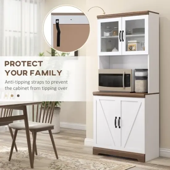 HOMCOM 69" Farmhouse Kitchen Buffet with Hutch, Kitchen Cupboard Storage Cabinet with Glass Doors, Adjustable Shelves, Open Microwave Countertop White image {4}