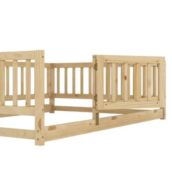 Okak Montessori Floor Bed Twin/Full Size,Toddler Bed with Safety Fence & Door, Solid Wood Kids Bed Frame for Nursery & Bedroom image {3}