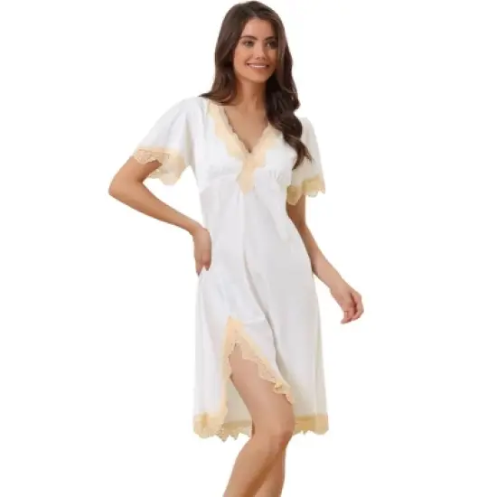 cheibear Womens Satin Lace Trim V-Neck Lingerie Short Sleeves Silky Nightgowns image {6}